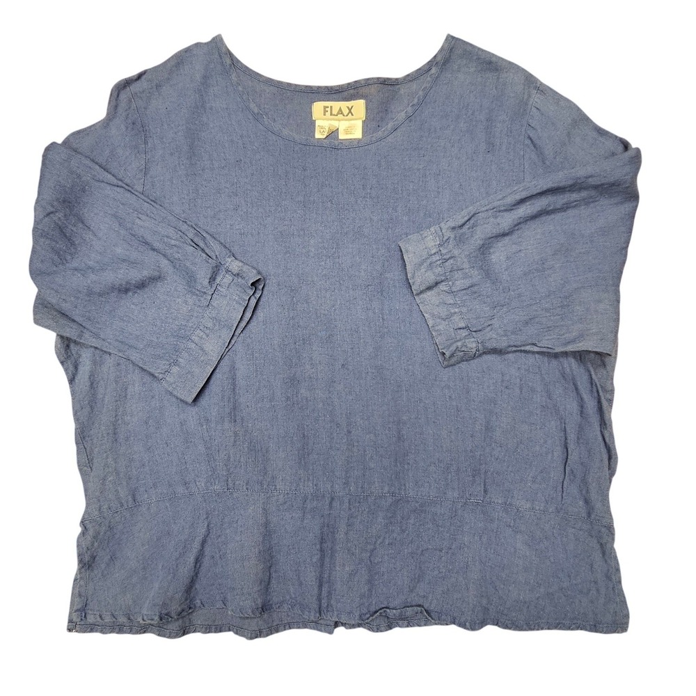 FLAX Linen Boxy Top Womens Large Blue Minimalist Boho Lagenlook